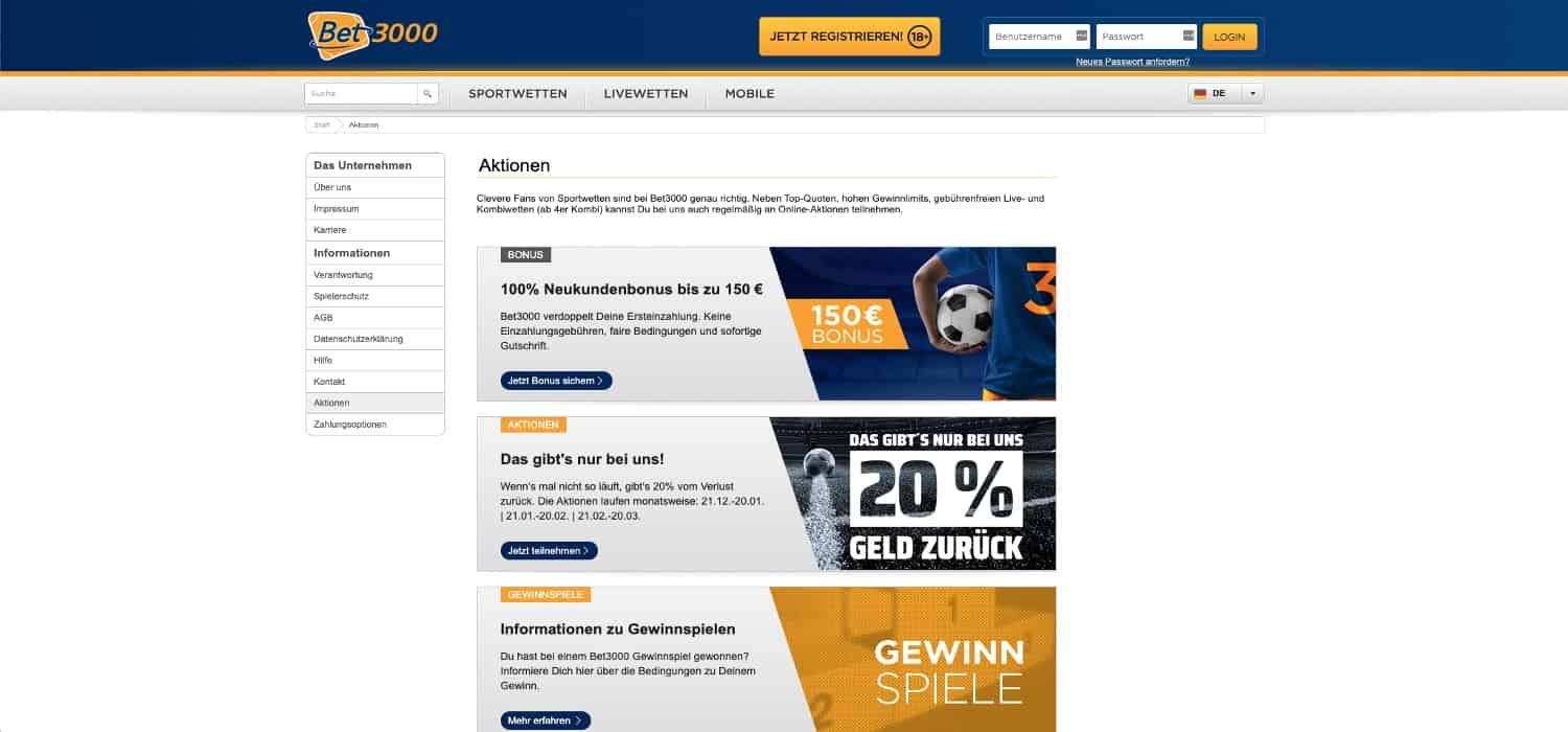 Bet3000 Bonus Aktionen